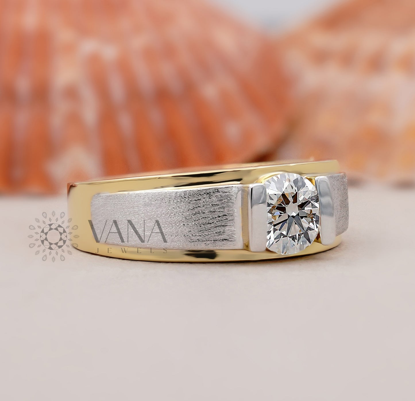 Men’s Lab Grown Diamond Ring in Two Tone Gold, Modern Bezel Set Statement Band