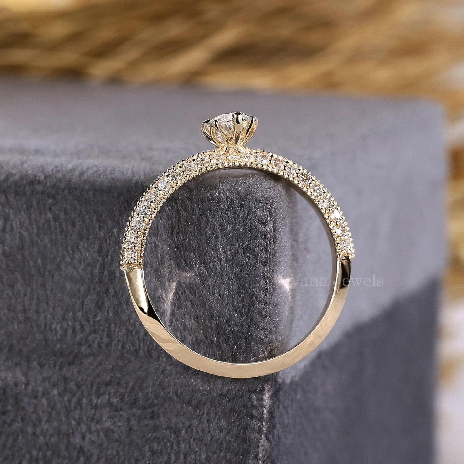 Unique Vintage Marquise Cut Lab Grown Diamond Engagement Ring, Three Side Pave Set Wedding Ring - Vana Jewels