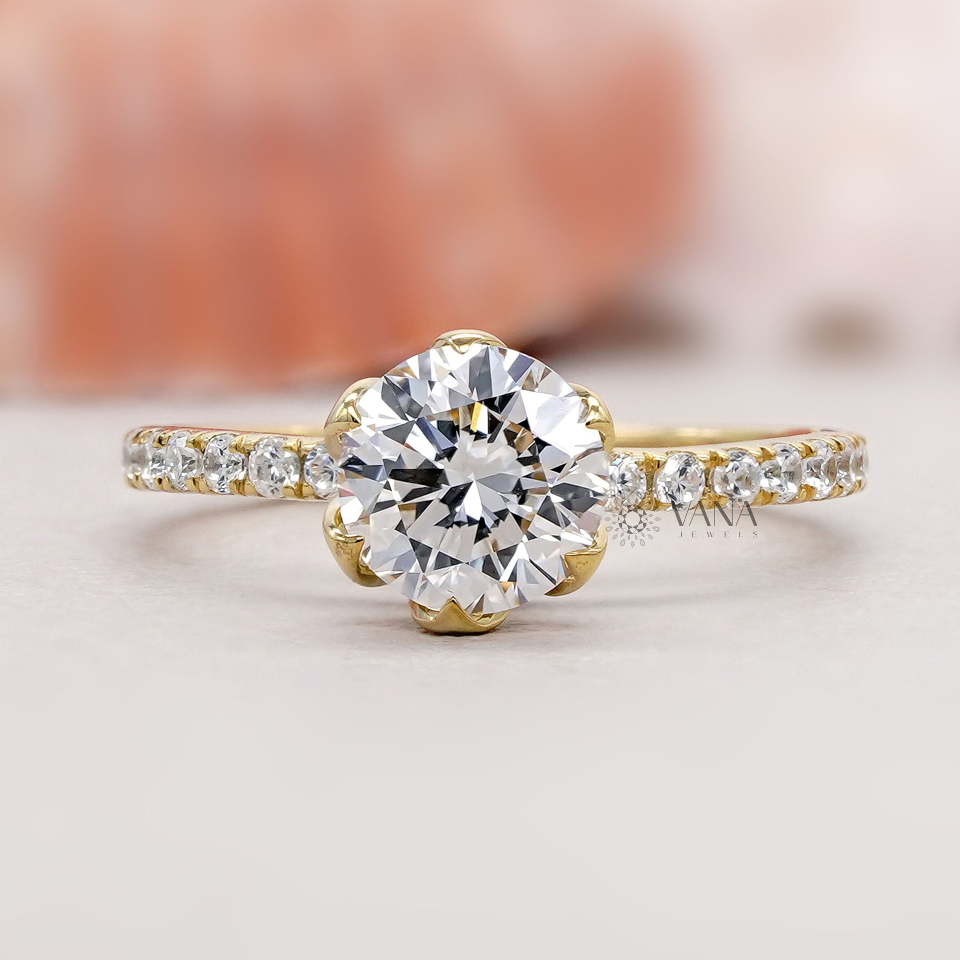Round Cut Lab Grown Diamond Pave Engagement Ring