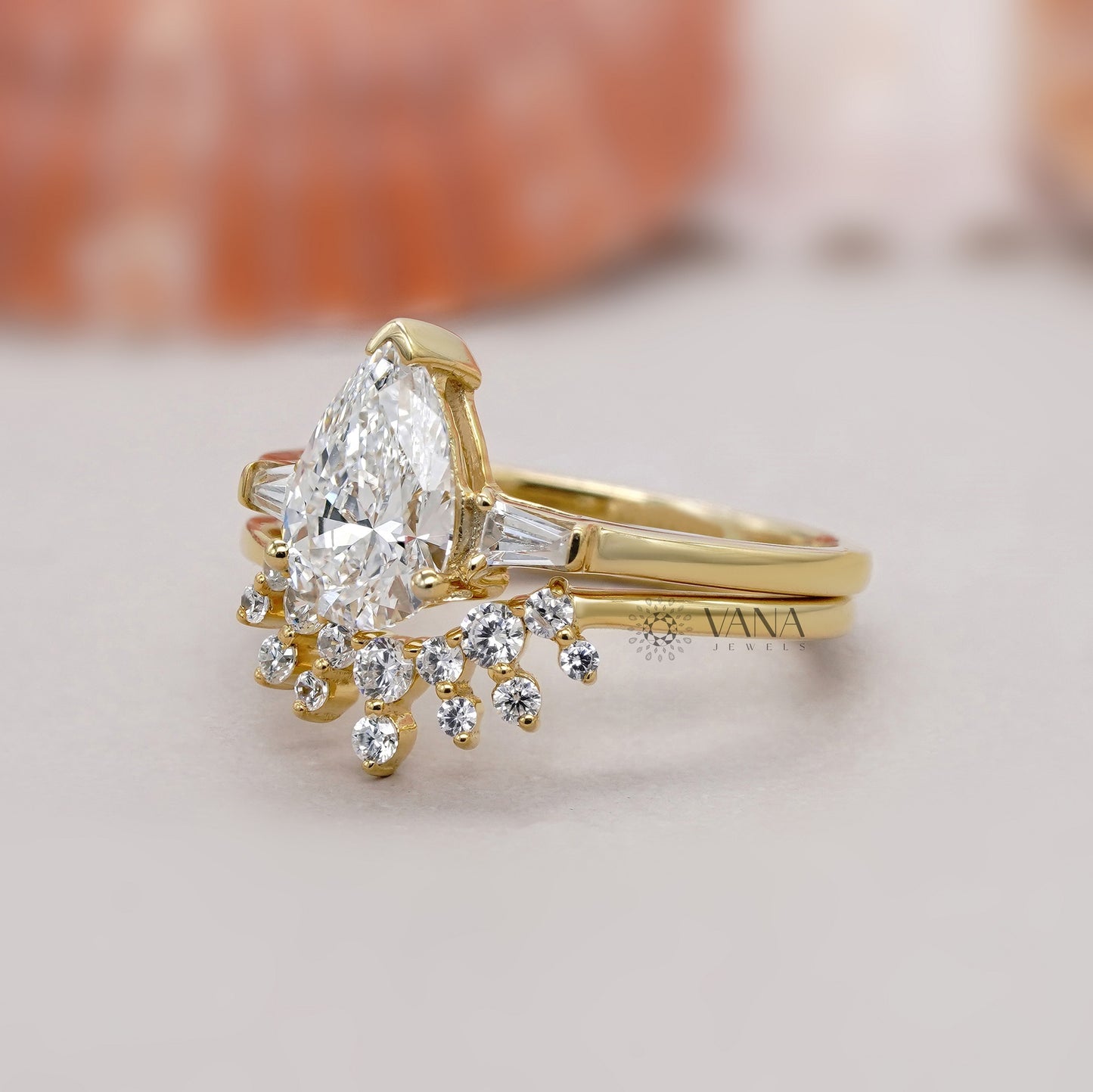 Three Stone Pear Cut Diamond Ring Set with Curved Style Band in Gold