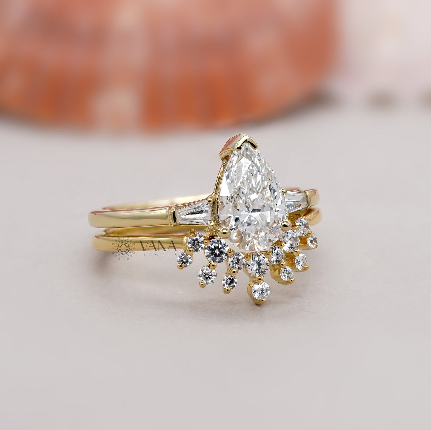 Three Stone Pear Cut Diamond Ring Set with Curved Style Band in Gold