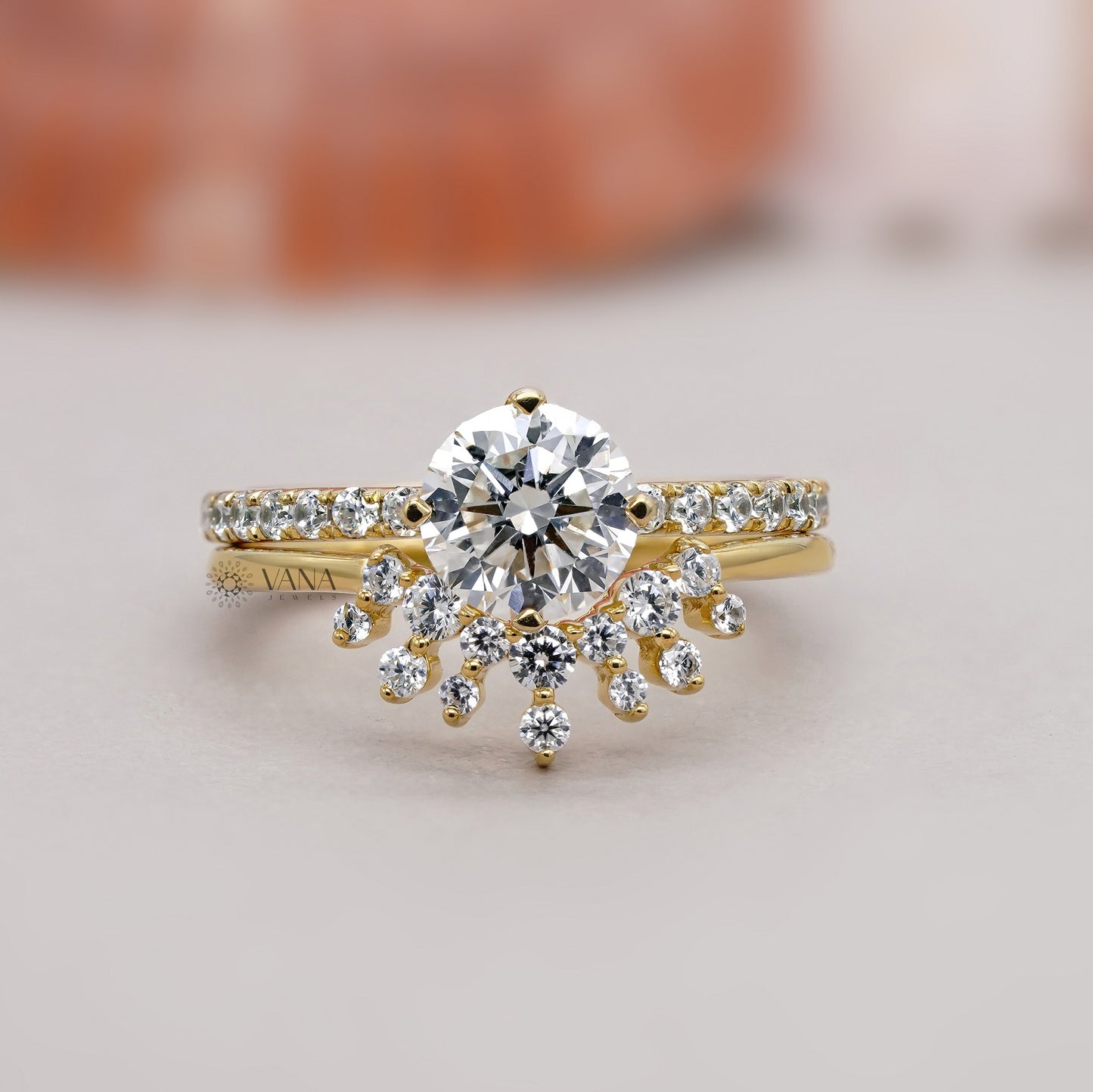 Round Diamond Engagement Ring Set with Tiara Wedding Band for Women