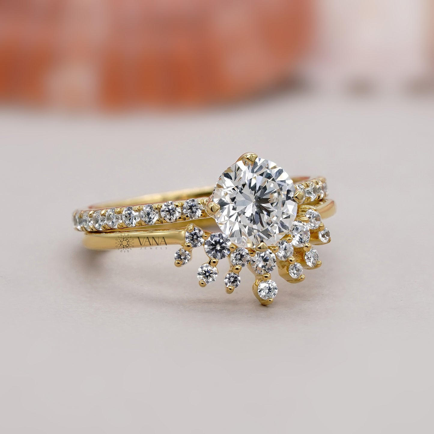 Round Diamond Engagement Ring Set with Tiara Wedding Band for Women