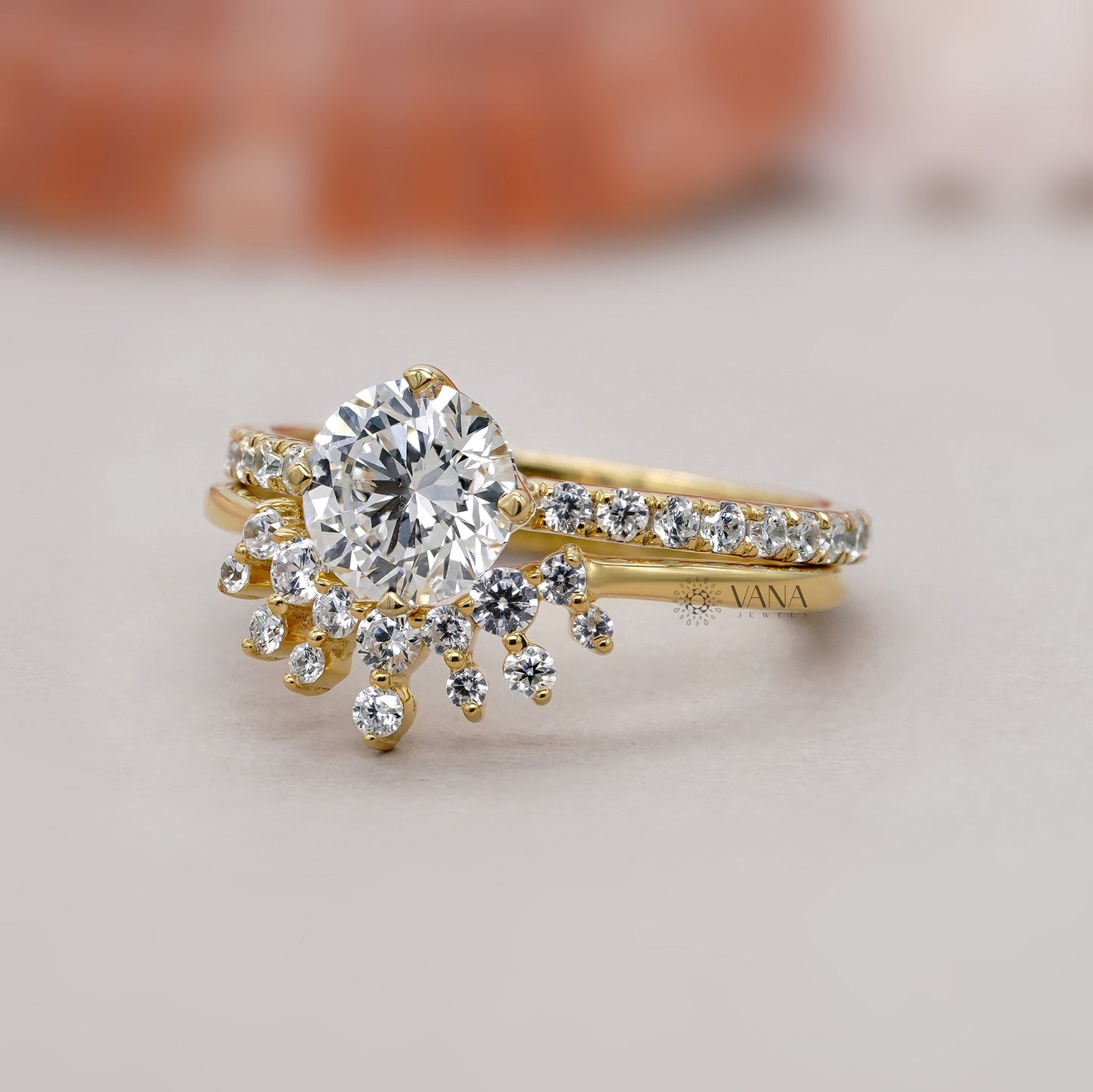 Round Diamond Engagement Ring Set with Tiara Wedding Band for Women