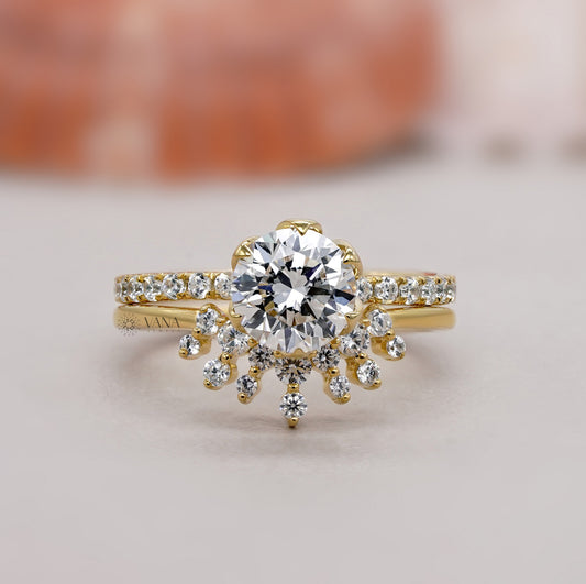 Round Cut Lab Grown Diamond Engagement Ring with Curved Wedding Band, Bridal Ring Set