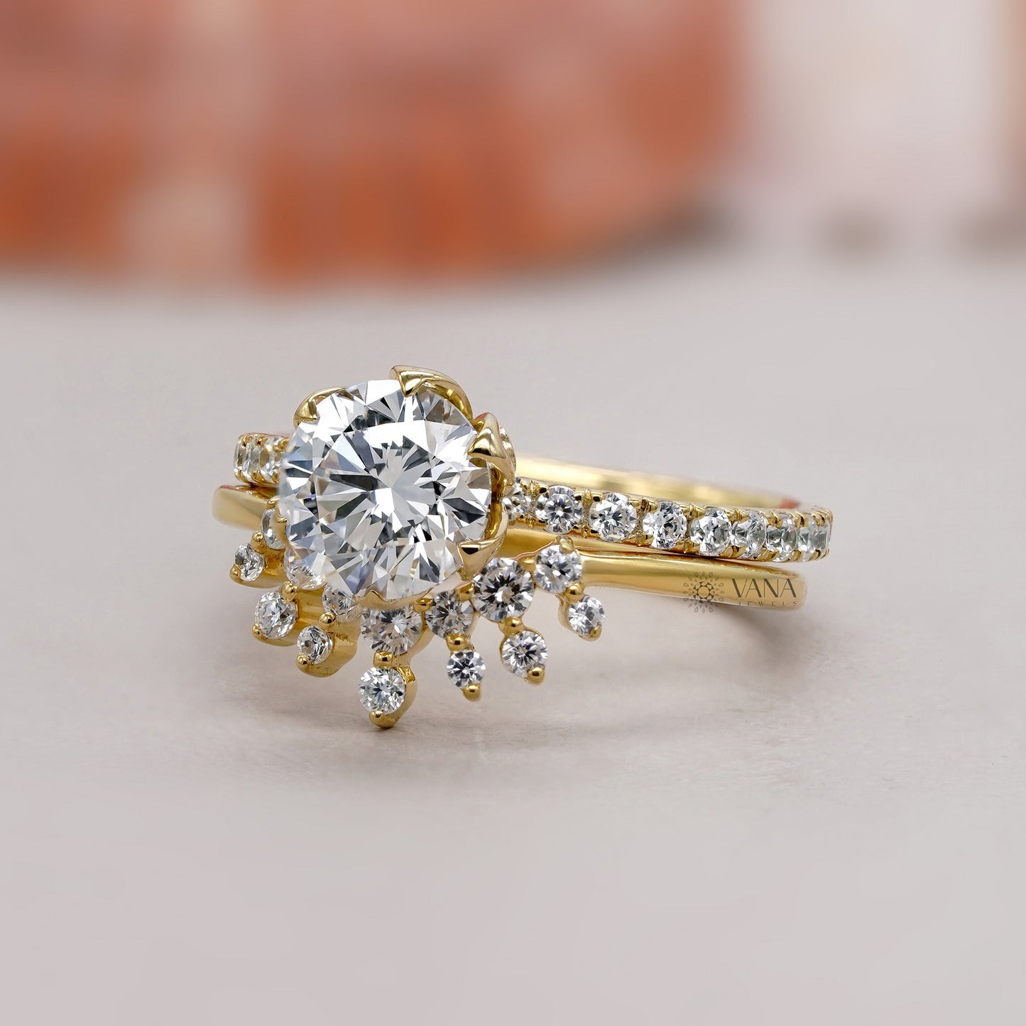 Round Cut Lab Grown Diamond Engagement Ring with Curved Wedding Band, Bridal Ring Set