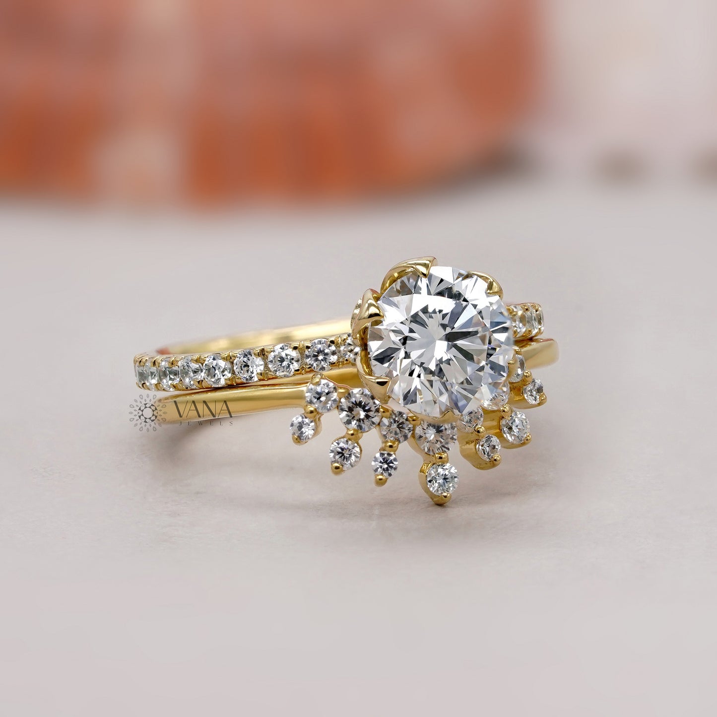 Round Cut Lab Grown Diamond Engagement Ring with Curved Wedding Band, Bridal Ring Set