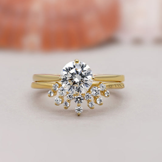 Round Lab Grown Diamond Solitaire Engagement Ring Set with Curved Wedding Band