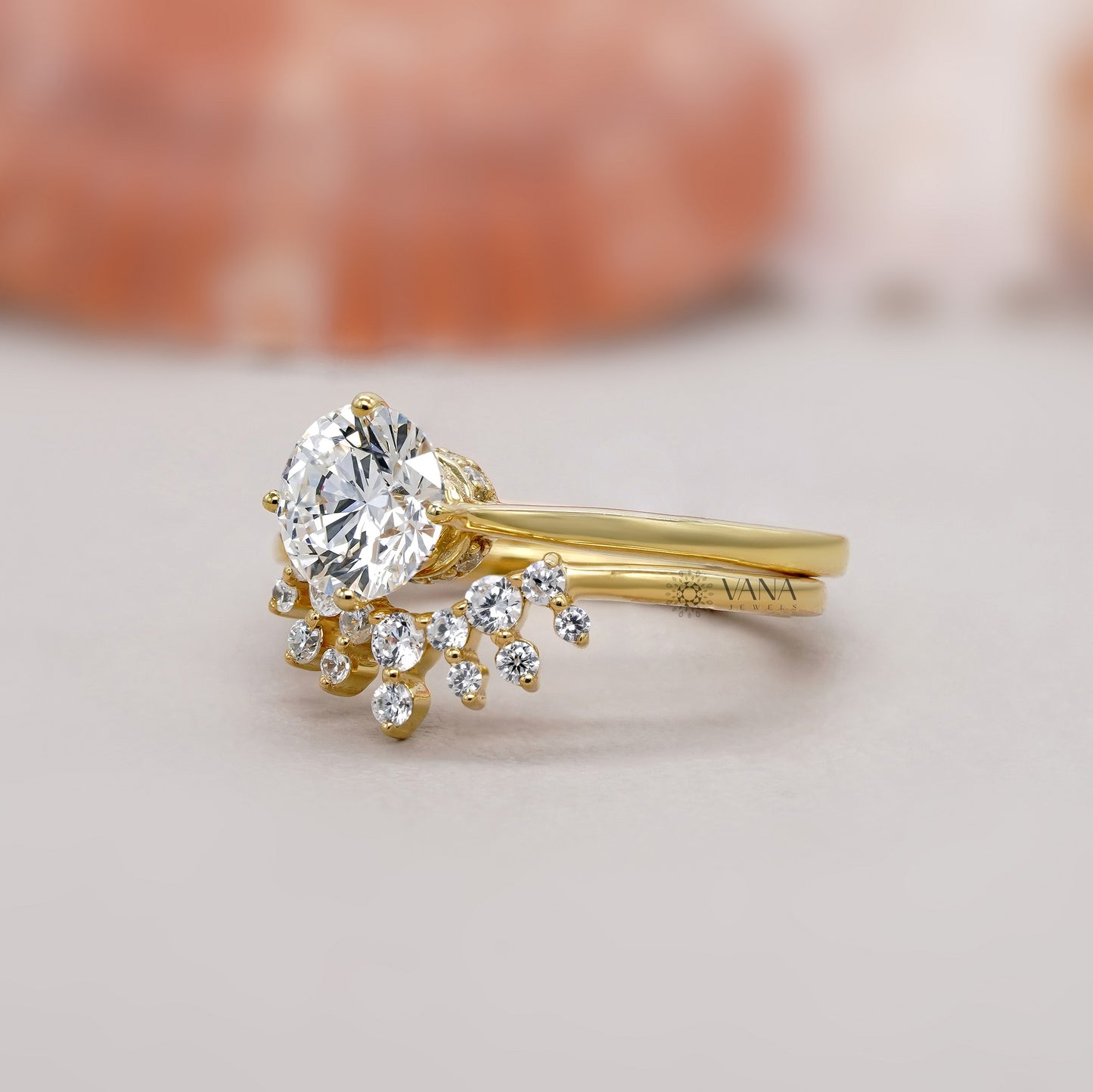 Round Lab Grown Diamond Solitaire Engagement Ring Set with Curved Wedding Band