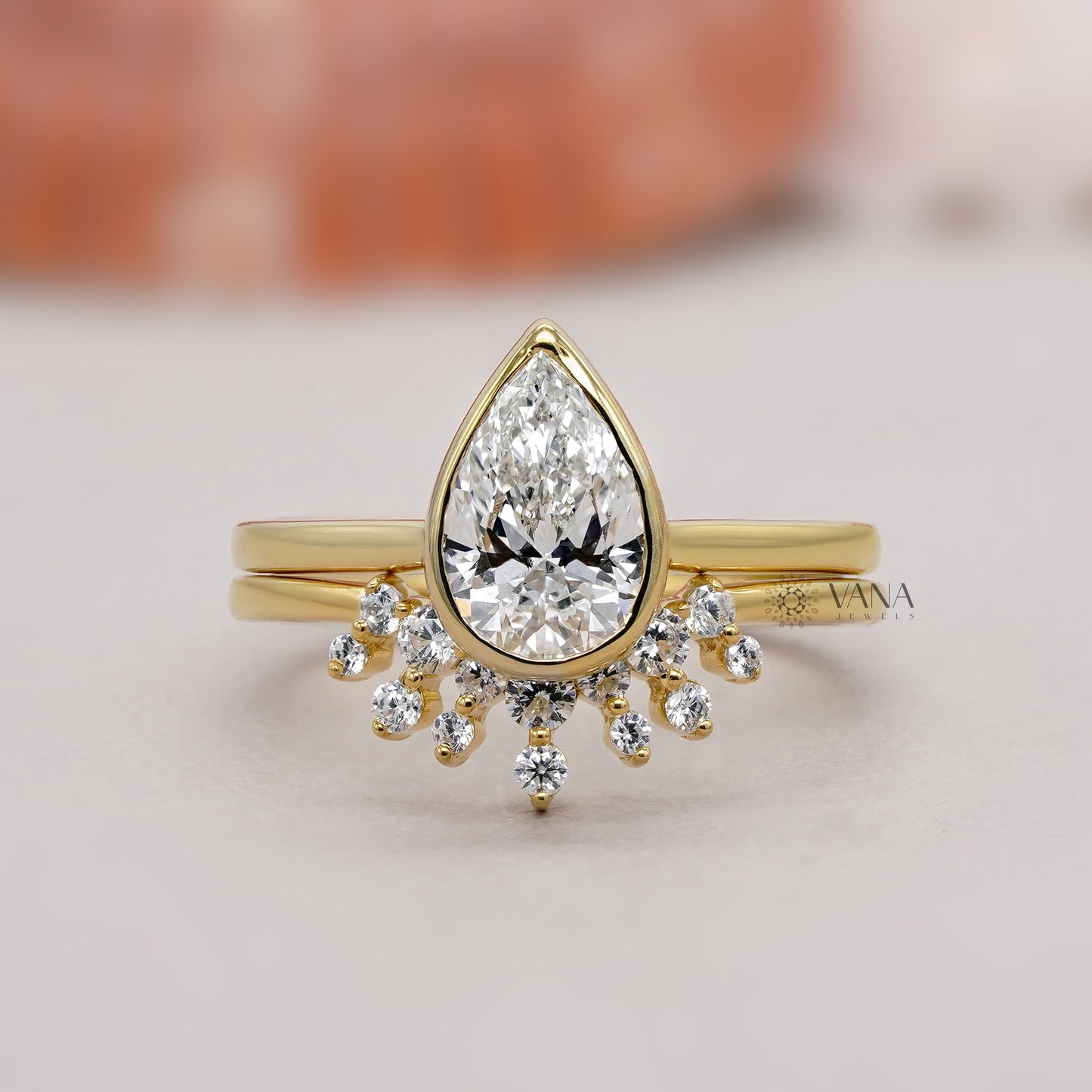 Pear Cut Bezel Set Diamond Engagement Ring with Curved Band, Lab Grown Bridal Set