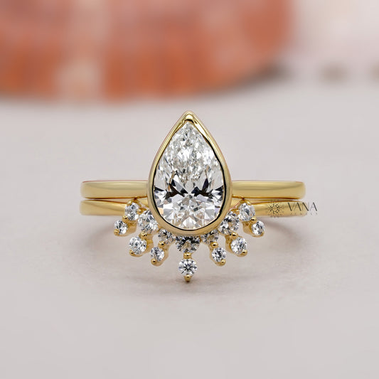 Pear Cut Bezel Set Diamond Engagement Ring with Curved Band, Lab Grown Bridal Set