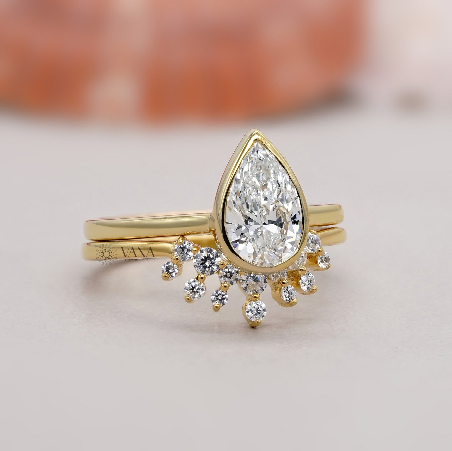 Pear Cut Bezel Set Diamond Engagement Ring with Curved Band, Lab Grown Bridal Set