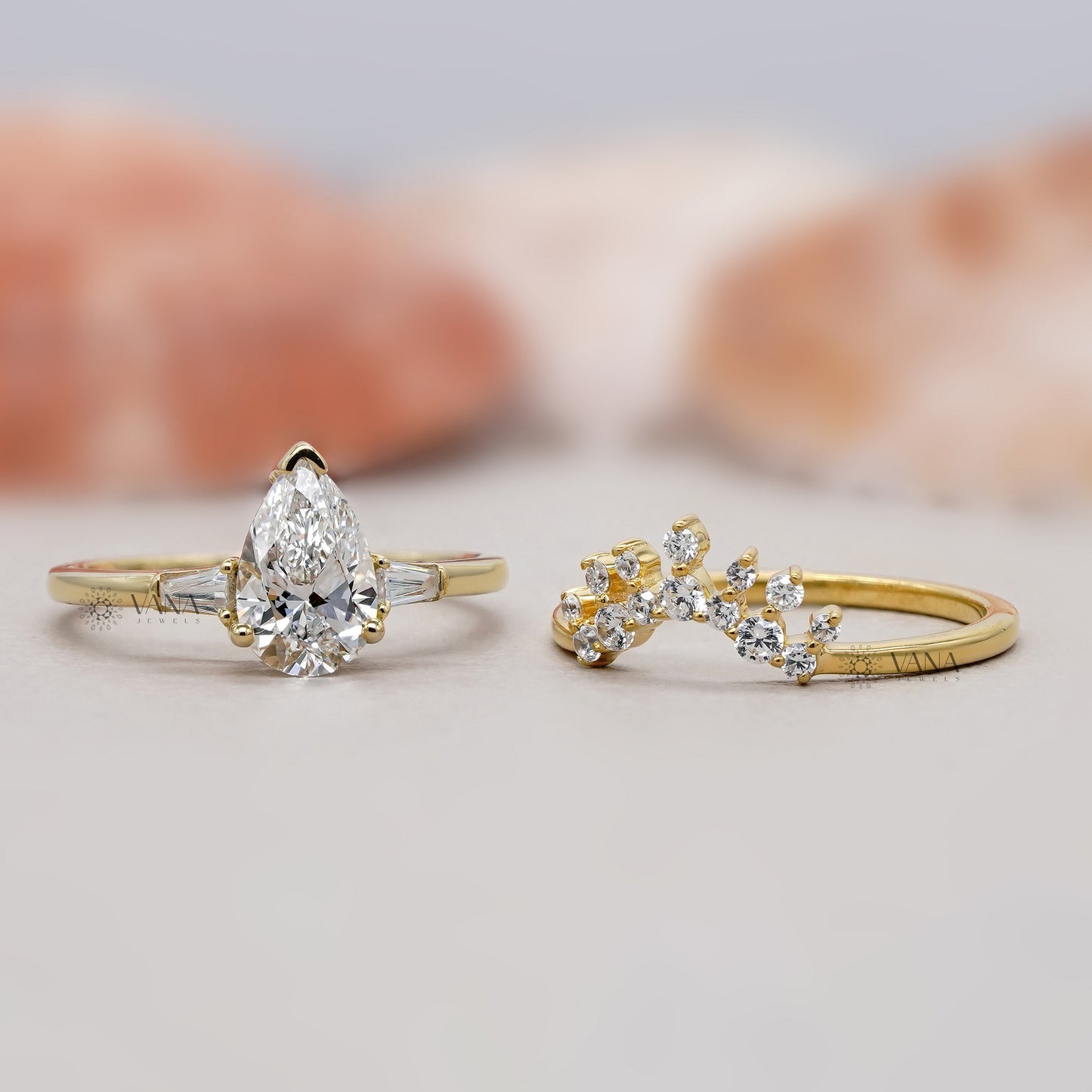 Three Stone Pear Cut Diamond Ring Set with Curved Style Band in Gold