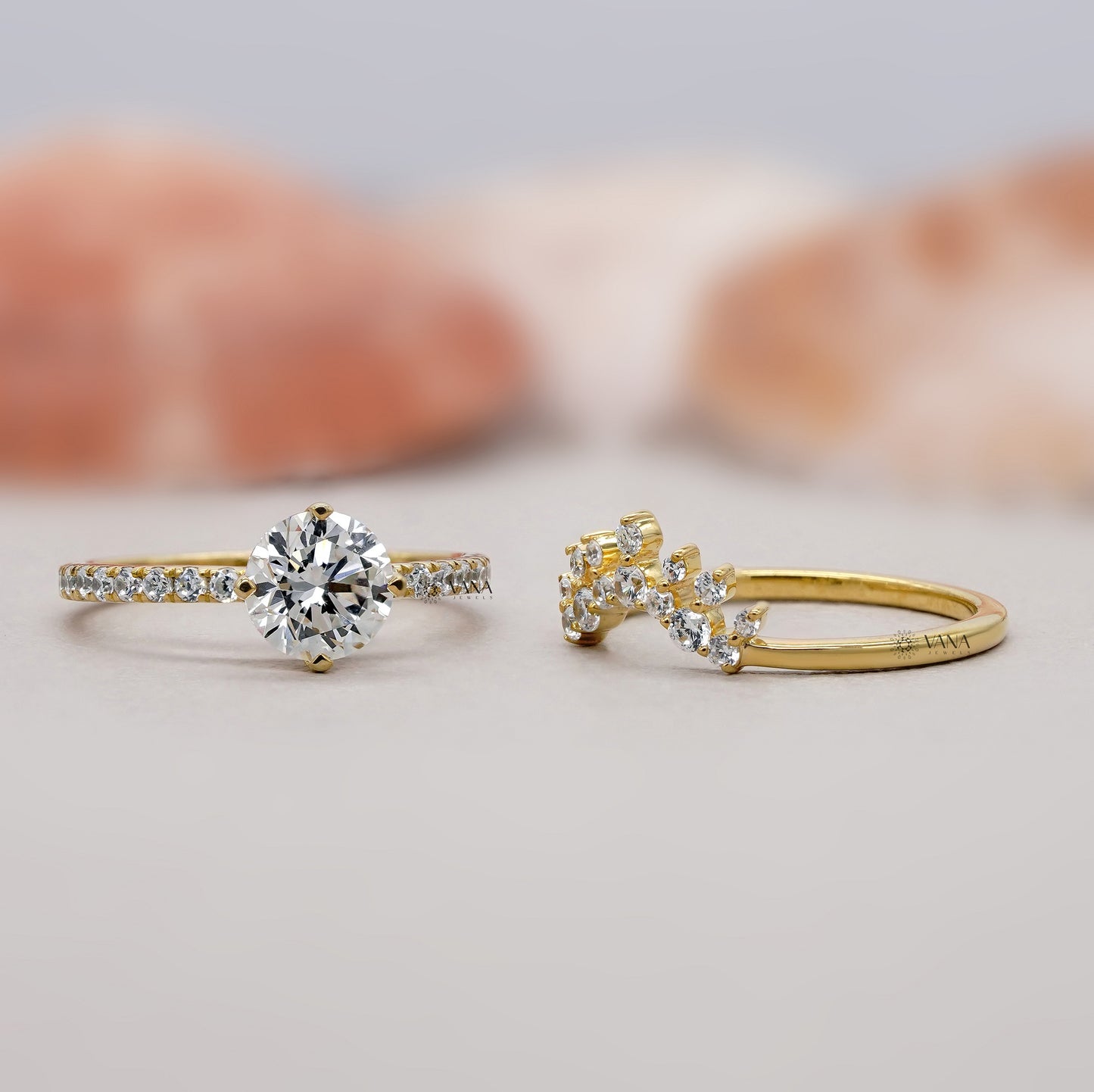 Round Diamond Engagement Ring Set with Tiara Wedding Band for Women