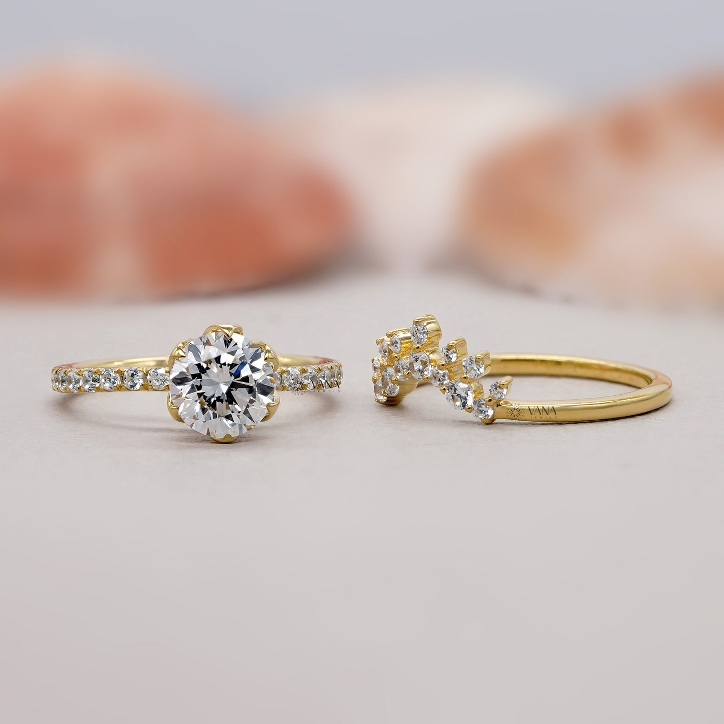 Round Cut Lab Grown Diamond Engagement Ring with Curved Wedding Band, Bridal Ring Set