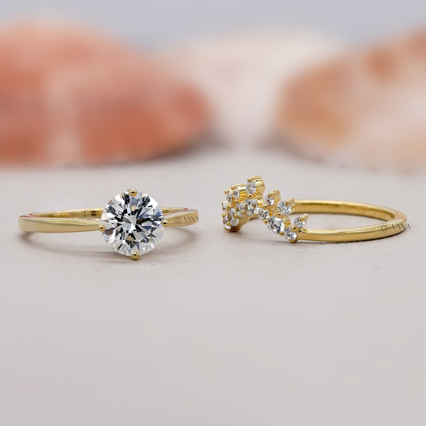 Round Lab Grown Diamond Solitaire Engagement Ring Set with Curved Wedding Band