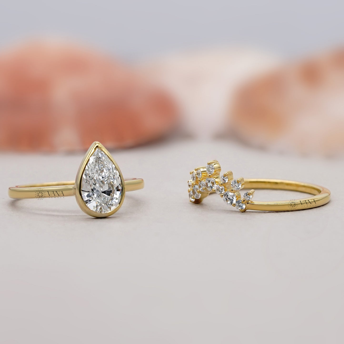 Pear Cut Bezel Set Diamond Engagement Ring with Curved Band, Lab Grown Bridal Set