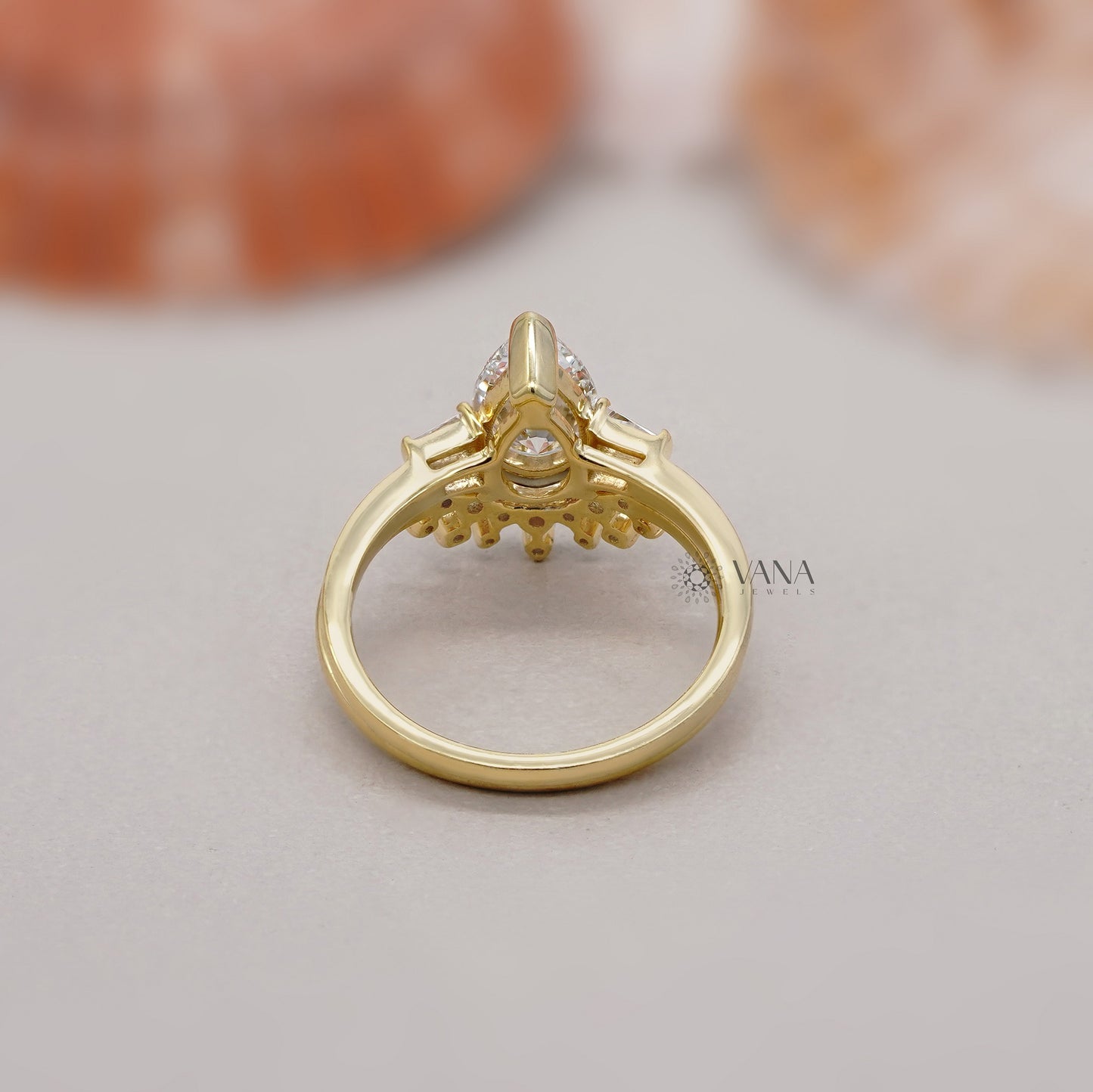 Three Stone Pear Cut Diamond Ring Set with Curved Style Band in Gold