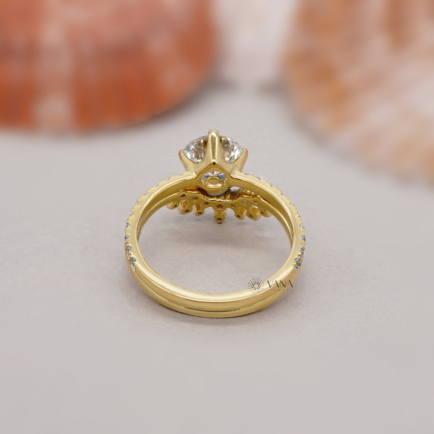 Round Diamond Engagement Ring Set with Tiara Wedding Band for Women