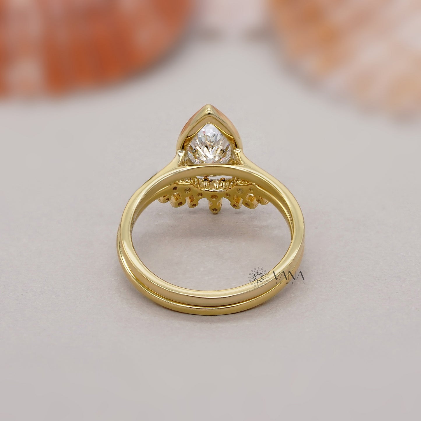 Pear Cut Bezel Set Diamond Engagement Ring with Curved Band, Lab Grown Bridal Set