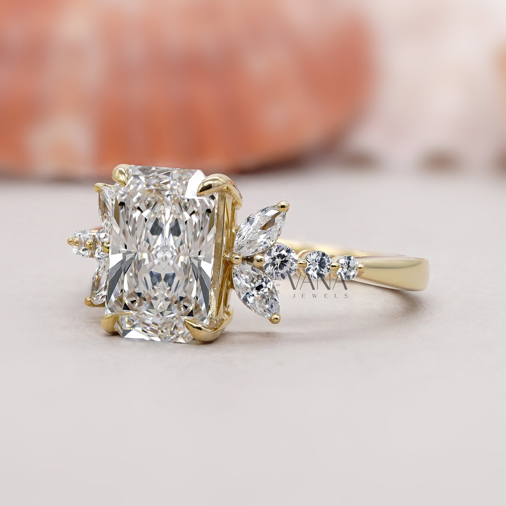 Radiant Cut Lab Diamond Ring with Marquise and Round Cluster Design
