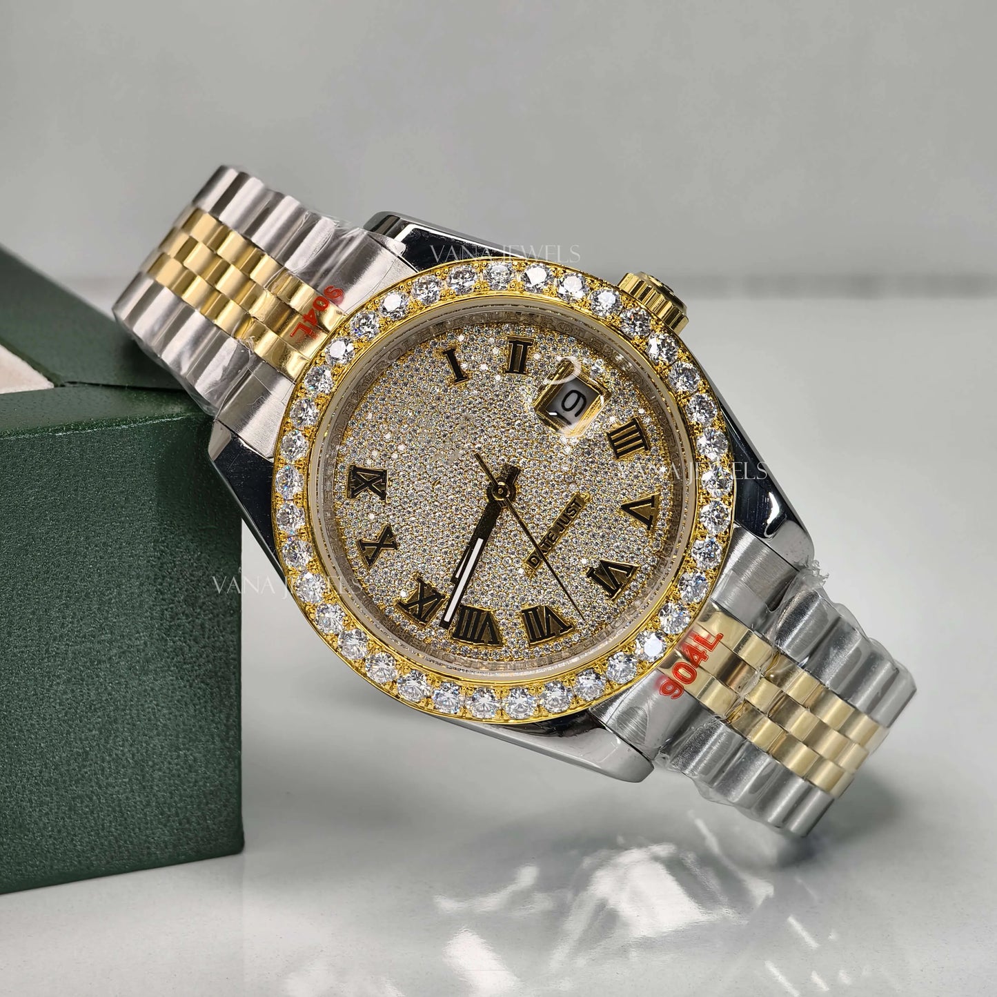 Luxury Two Tone Moissanite Watch with Roman Numeral Dial and Diamond Bezel.