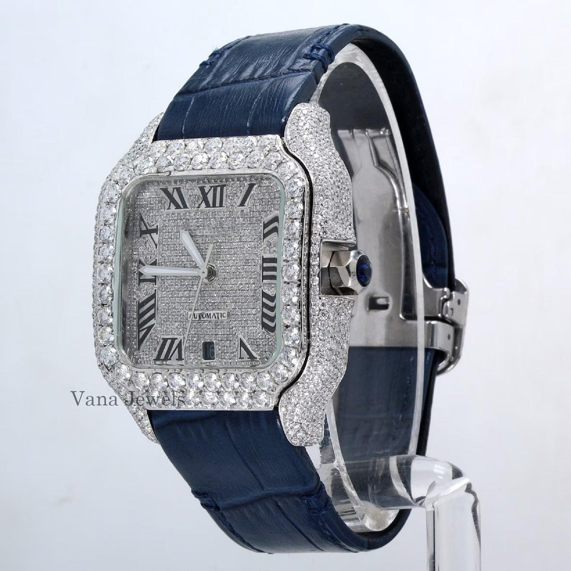 VVS Moissanite Full Ice Out Diamond Studded Blue Leather Belt Hip Hop Watch - Vana Jewels