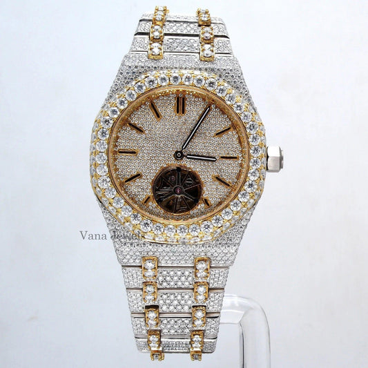 Iced Out Two-Tone Yellow Gold Automatic Diamond Watch - Vana Jewels