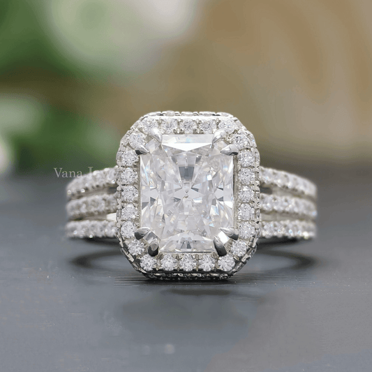 3.92 TCW Radiant Cut Moissanite Engagement Ring, Split Shank Ring, Celebrity Style Hidden Halo Ring - Vana Jewels