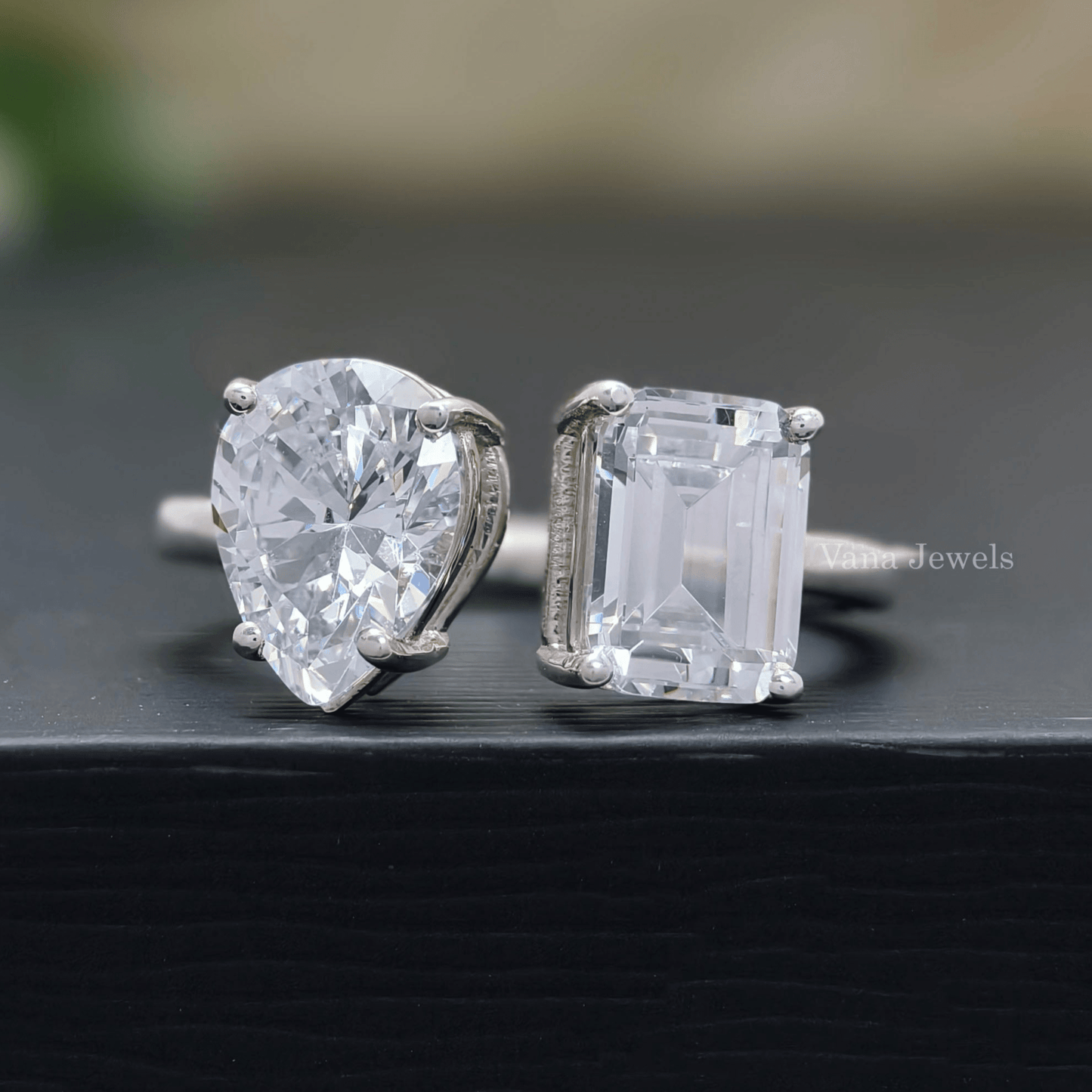 Pear & Emerald Cut Moissanite Two Stone Engagement Ring, Toi Et Moi Ring. - Vana Jewels