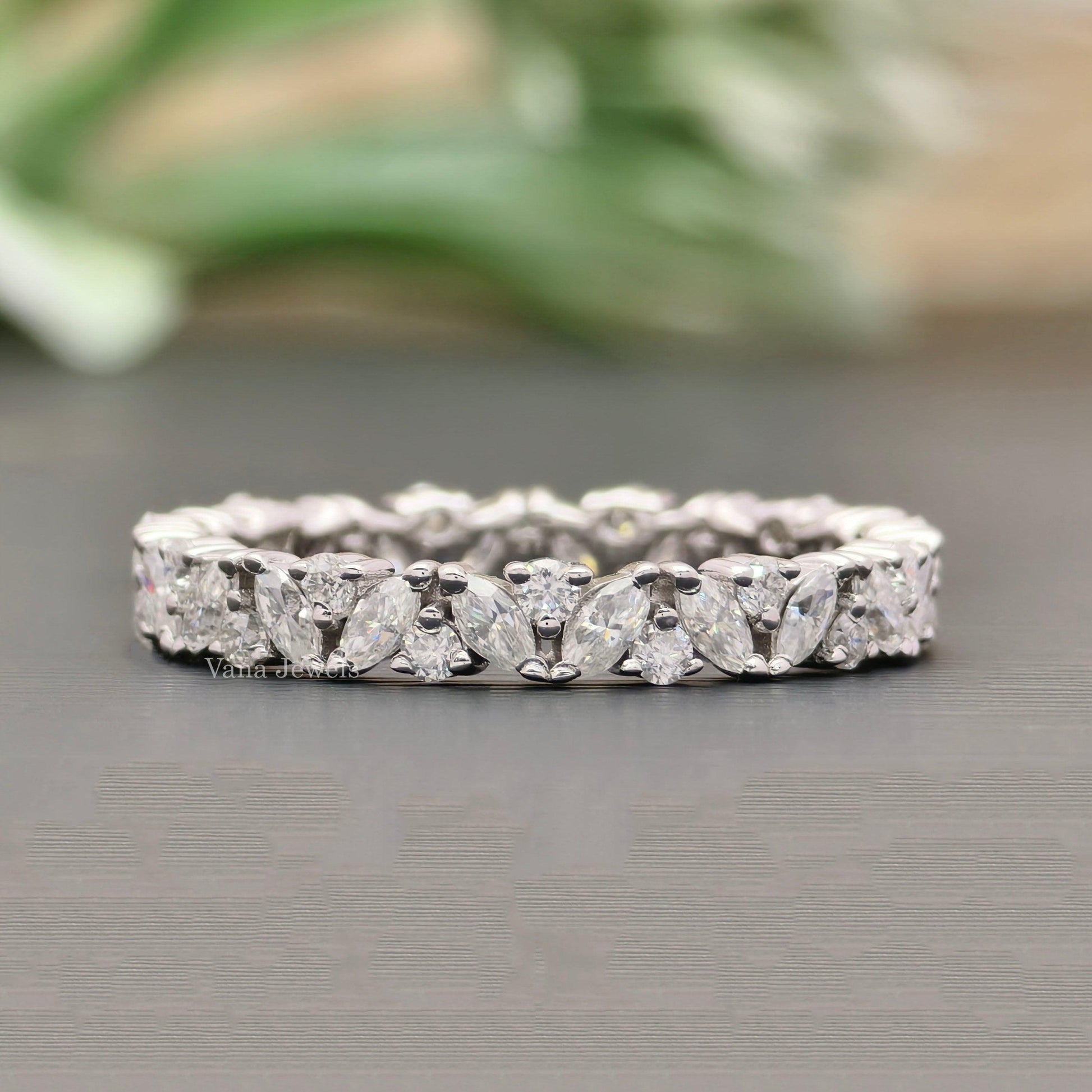 Marquise and Round Cut Moissanite Wedding Band, Full Eternity Band, Matching Band - Vana Jewels