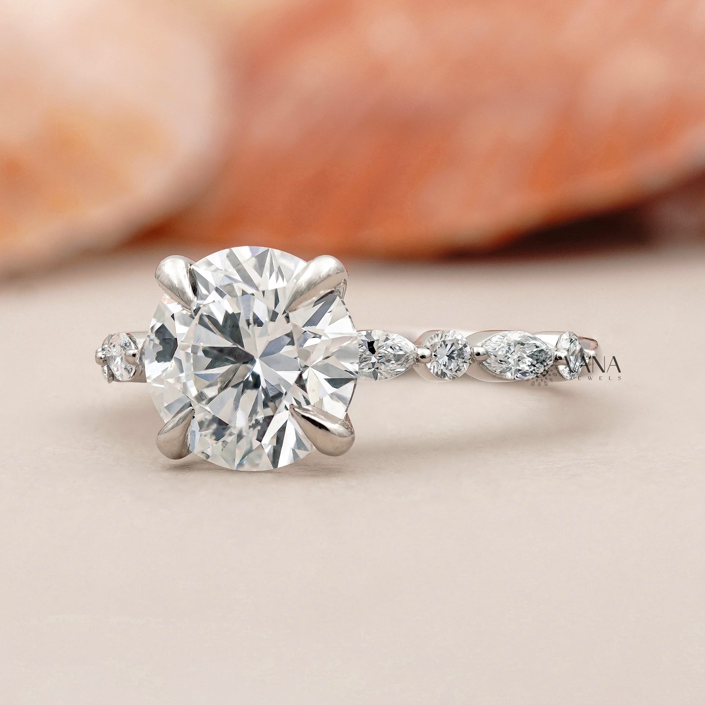 Round Cut Lab Grown Diamond Engagement Ring with Marquise and Round Side Stones