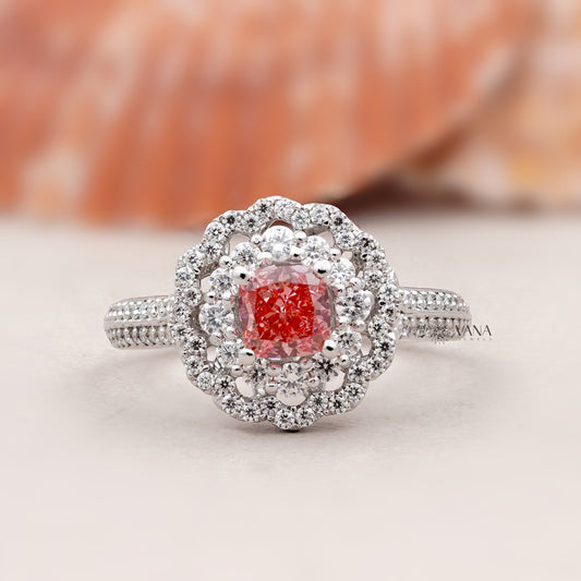 Vintage Floral Pink Cushion Lab Grown Diamond Engagement Ring with Double Halo Cathedral Setting