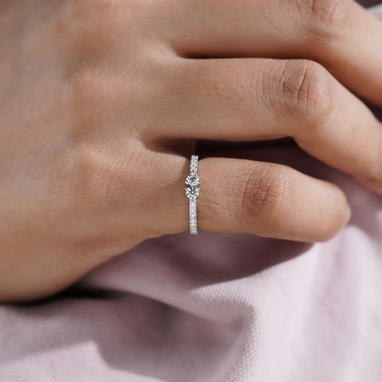 Two Stone Lab Grown Diamond Wedding Band, White Gold Toi et Moi Style Ring