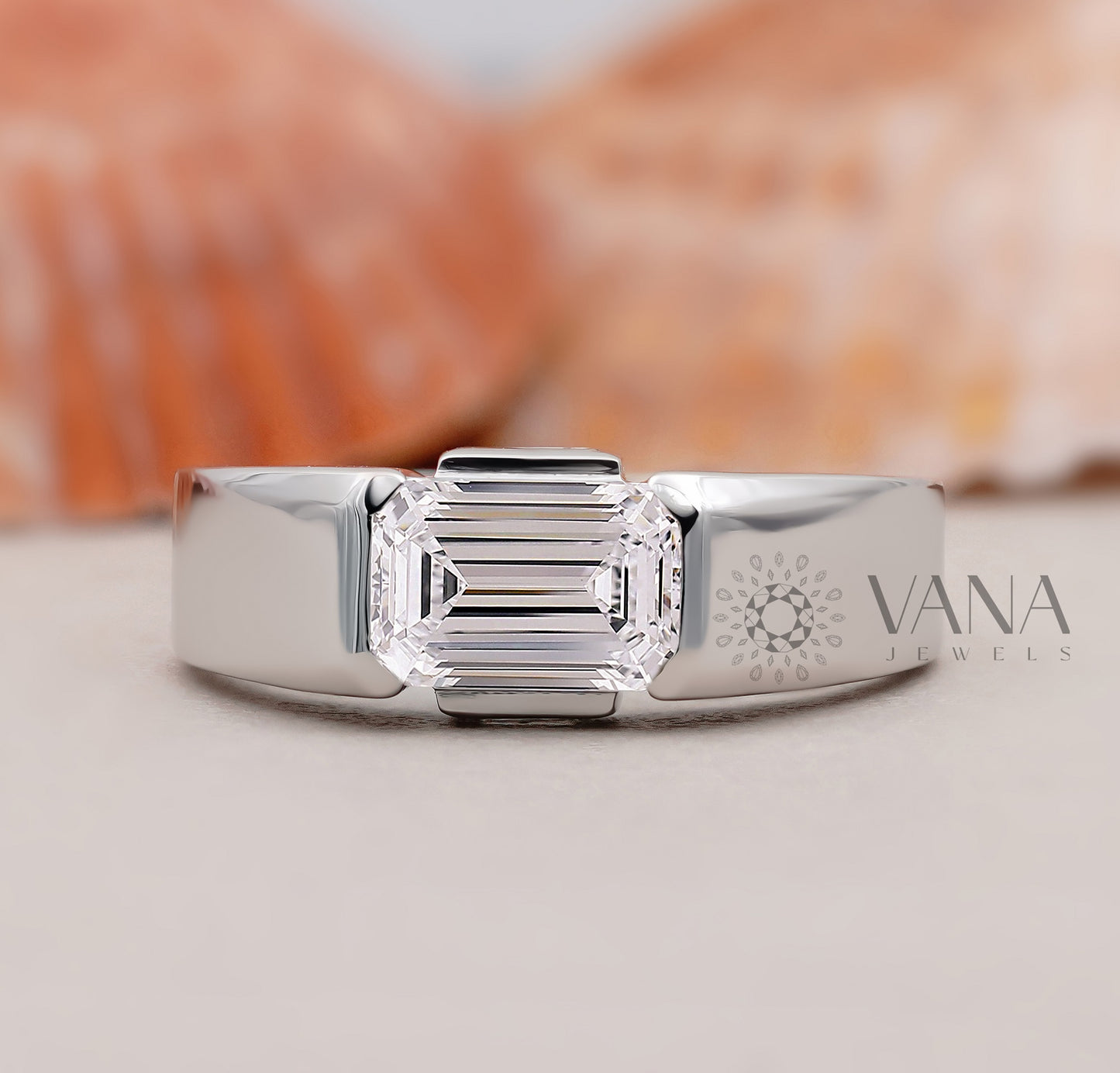 Emerald Cut Lab Grown Diamond Half Bezel Set Engagement Ring with Baguette Side Stones