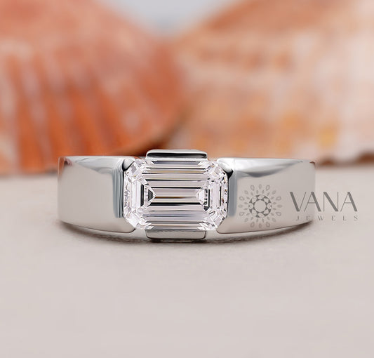 Emerald Cut Lab Grown Diamond Half Bezel Set Engagement Ring with Baguette Side Stones