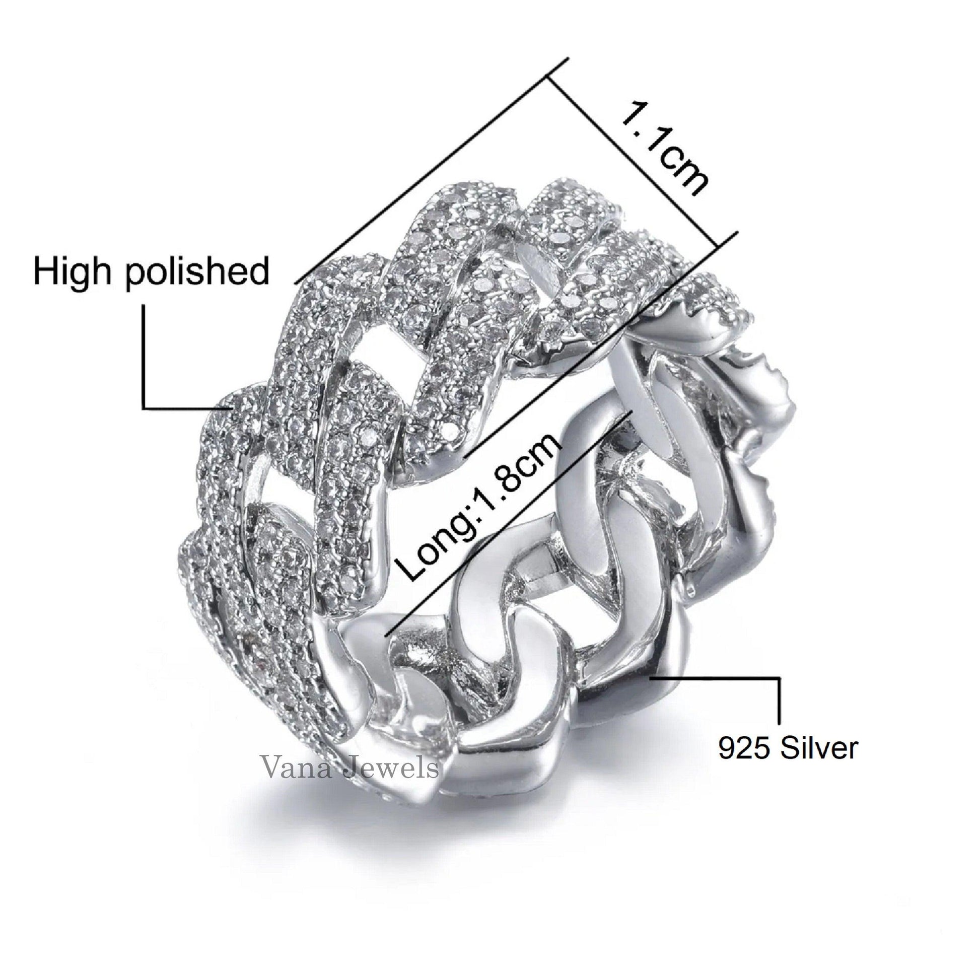 925 Sterling Silver Moissanite 2-Row Cuban Link Ring - Vana Jewels