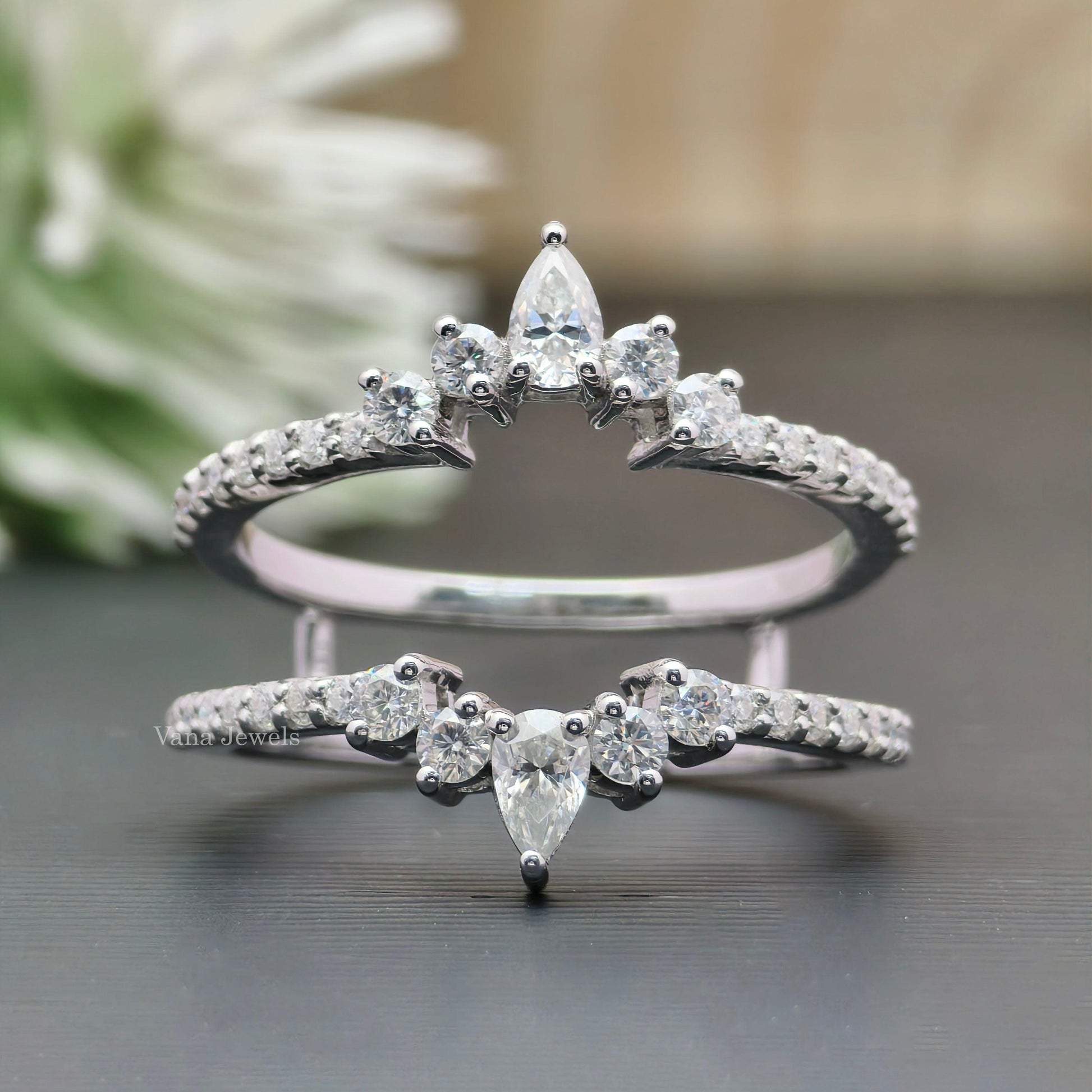 Pear and Round Moissanite Wedding Band, Ring Guard Enhancer for Oval Cut and Round Cut Ring - Vana Jewels