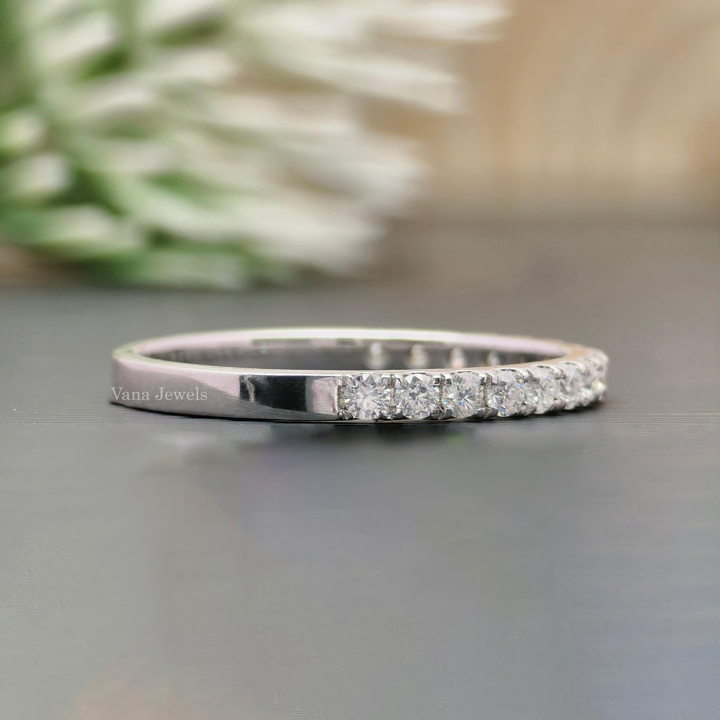 1.70 MM Round Cut Moissanite Half Eternity Wedding Band, Stackable Minimalist Promise Ring - Vana Jewels