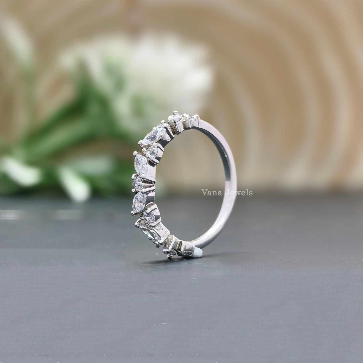 Marquise & Round Cut Moissanite Half Eternity Wedding Band. - Vana Jewels