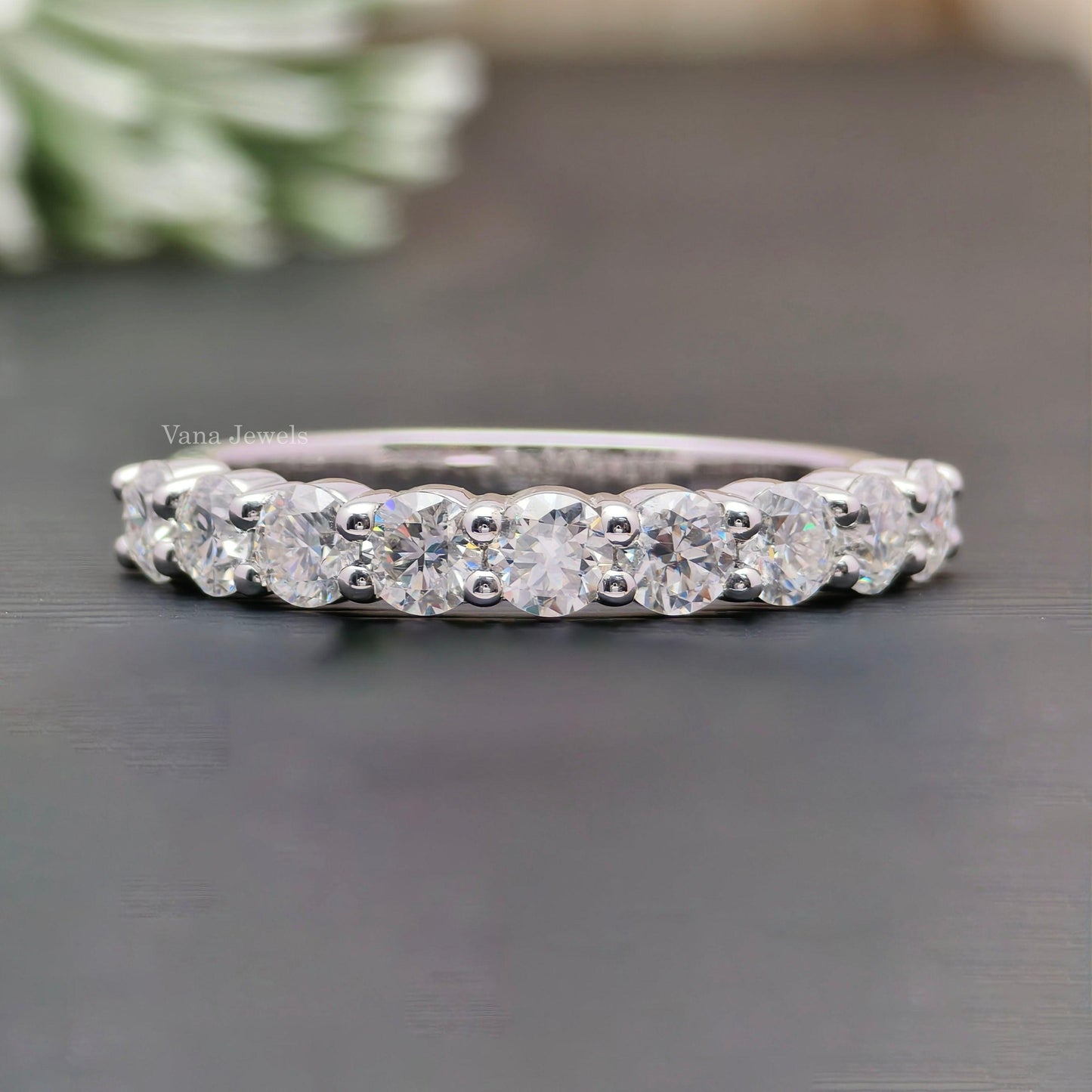 3.00 MM Round Cut Colorless Moissanite Wedding Band, Half Eternity Band - Vana Jewels