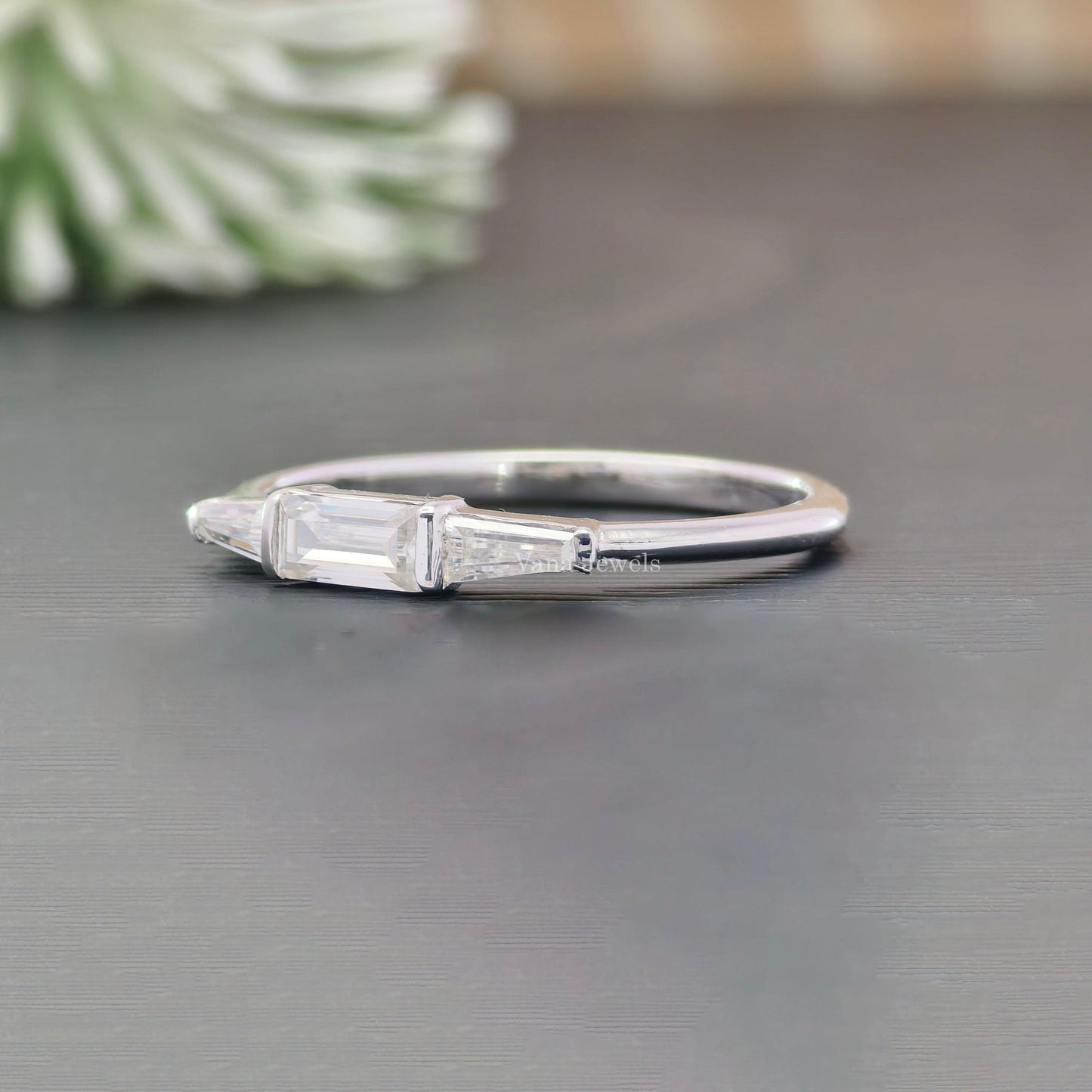 Baguette & Tapered Baguette Colorless Moissanite Ring, Three Stone Wedding Band - Vana Jewels