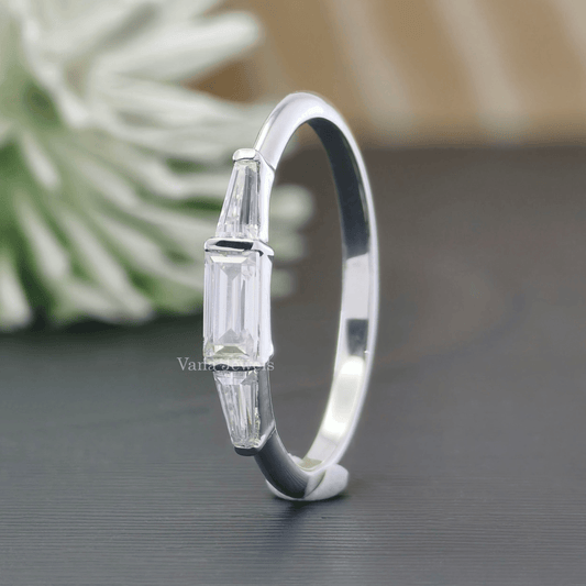 Baguette & Tapered Baguette Colorless Moissanite Ring, Three Stone Wedding Band - Vana Jewels