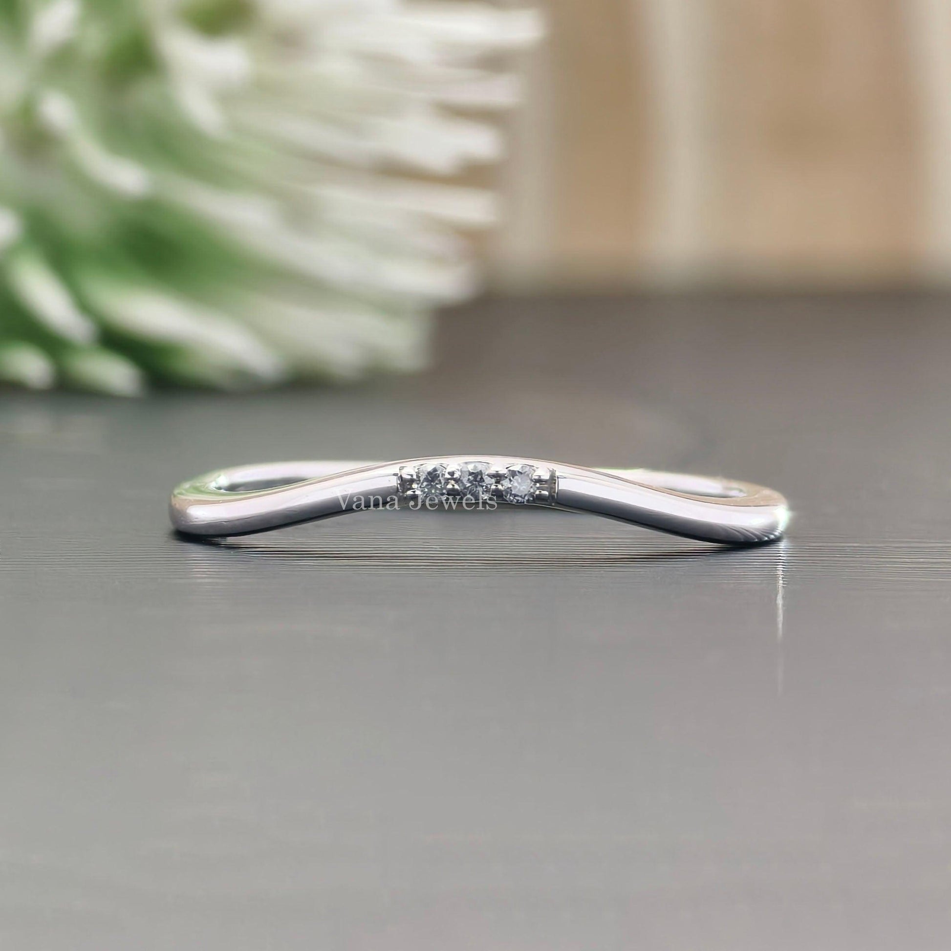 1.20 MM Round Cut Moissanite Curved Wedding Band, Three Stone Diamond Stacking Band. - Vana Jewels