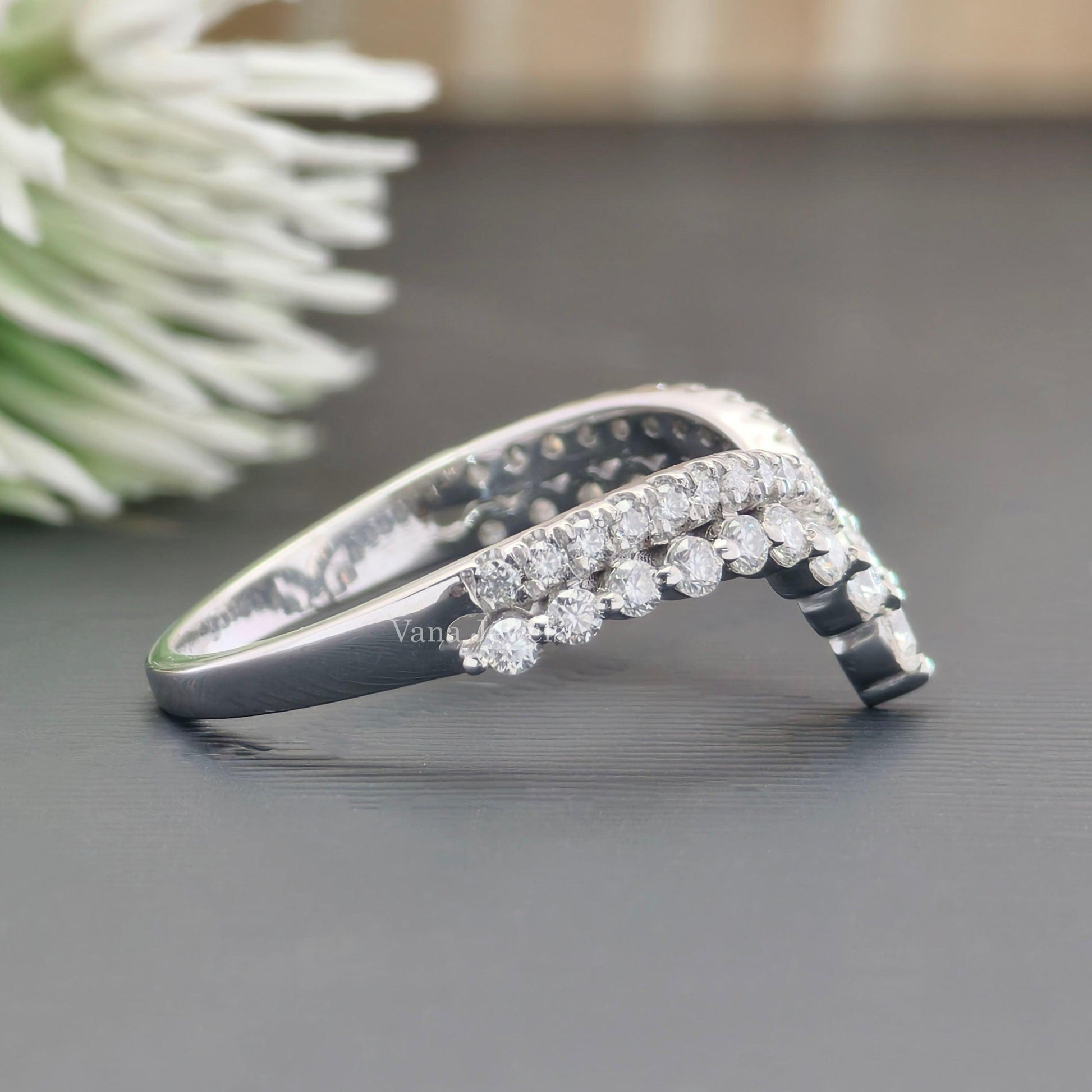 Classic Curvy Style pave Set Moissanite Wedding Band, Double Layer Half Eternity Band, Enhancer Ring - Vana Jewels