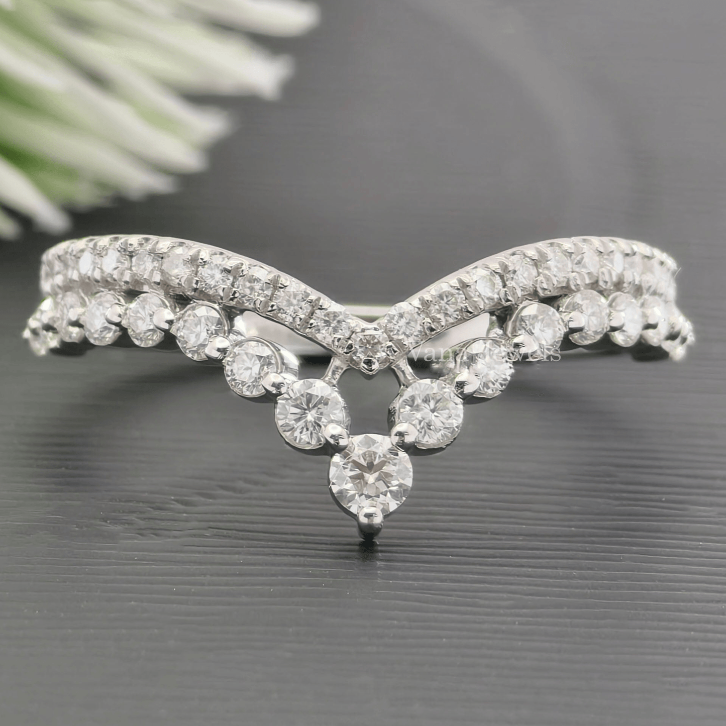 Classic Curvy Style pave Set Moissanite Wedding Band, Double Layer Half Eternity Band, Enhancer Ring - Vana Jewels