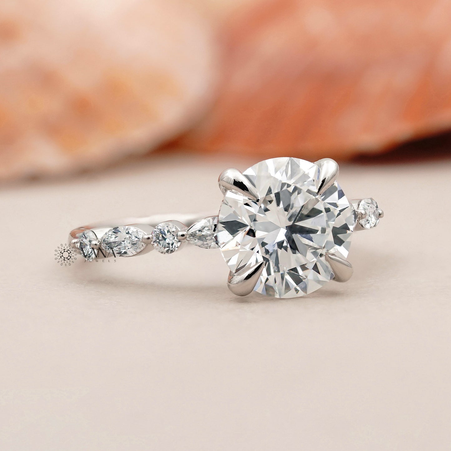 Round Cut Lab Grown Diamond Engagement Ring with Marquise and Round Side Stones