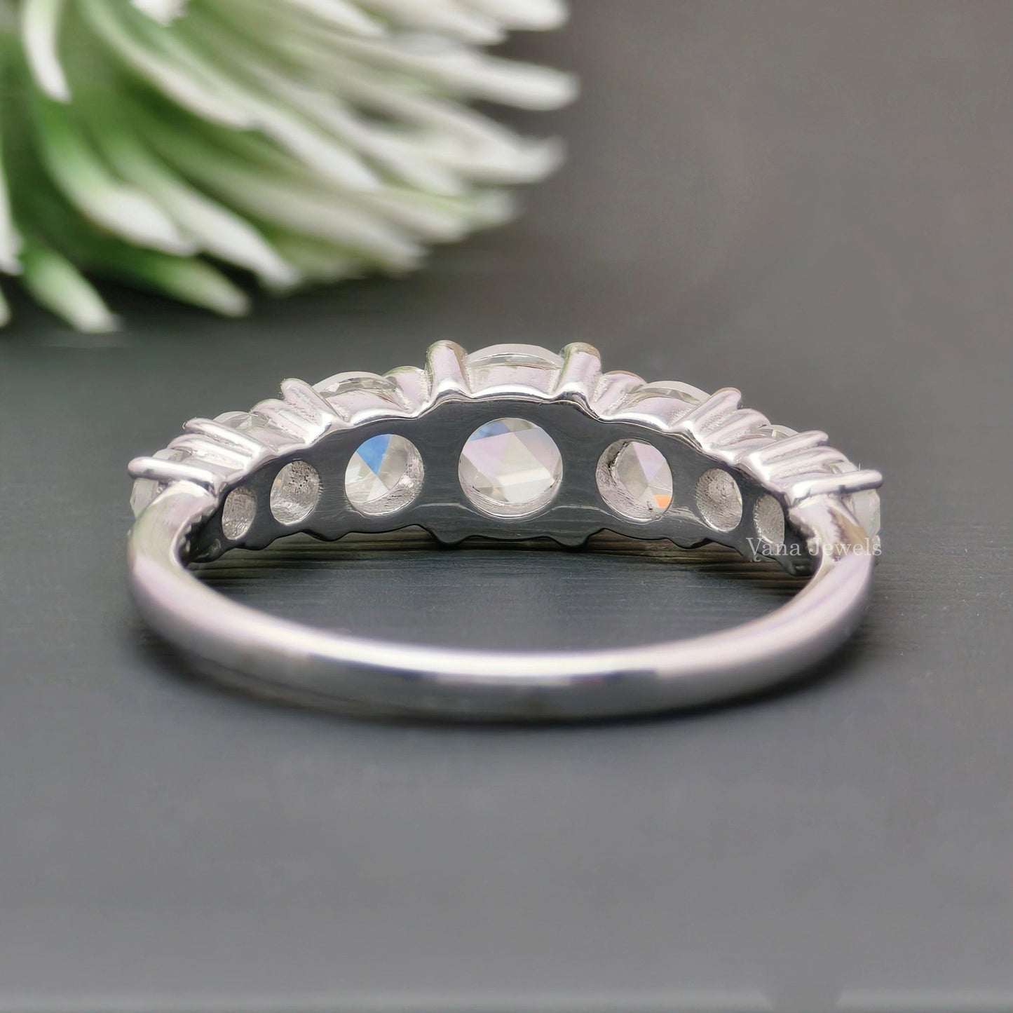 Round Rose Cut Colorless Moissanite Wedding Band, Seven Stone Half Eternity Band. - Vana Jewels