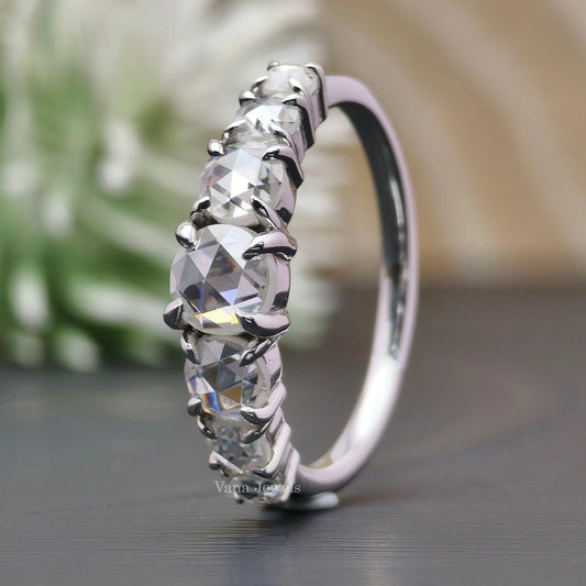 Round Rose Cut Colorless Moissanite Wedding Band, Seven Stone Half Eternity Band. - Vana Jewels