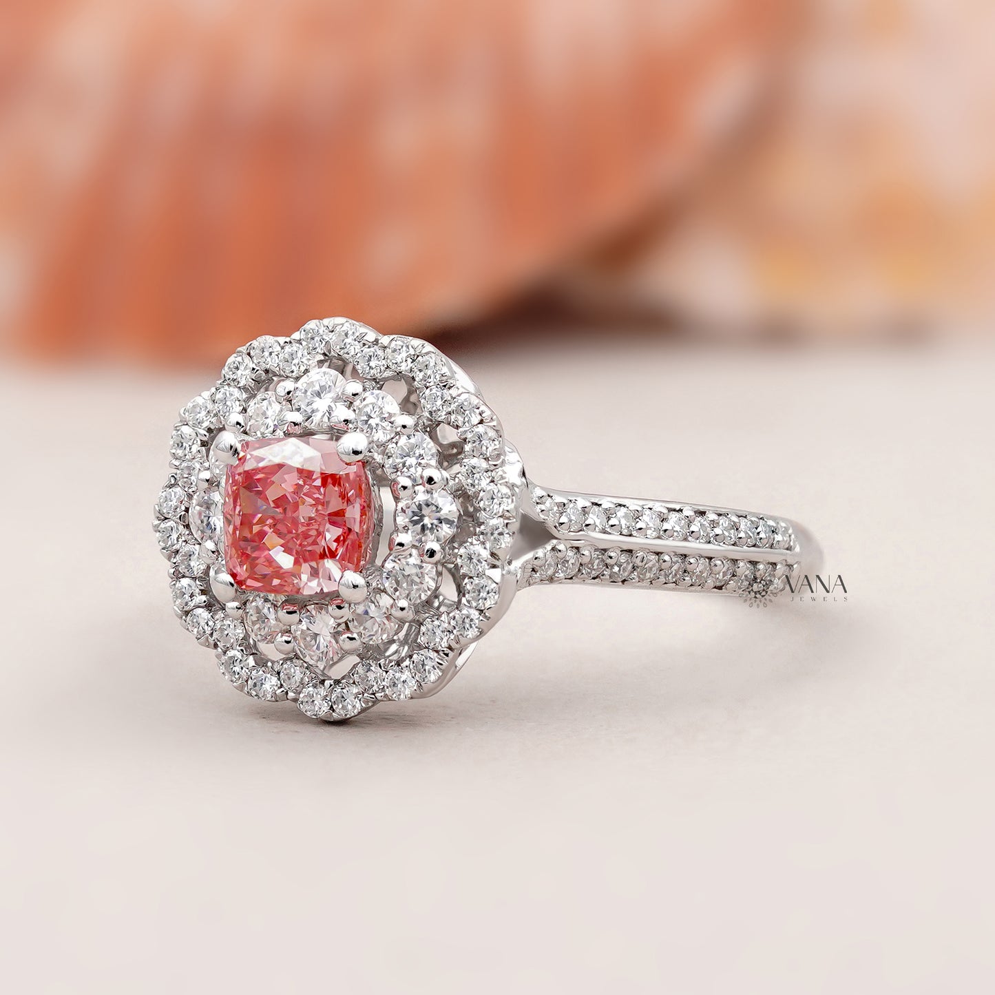 Vintage Floral Pink Cushion Lab Grown Diamond Engagement Ring with Double Halo Cathedral Setting